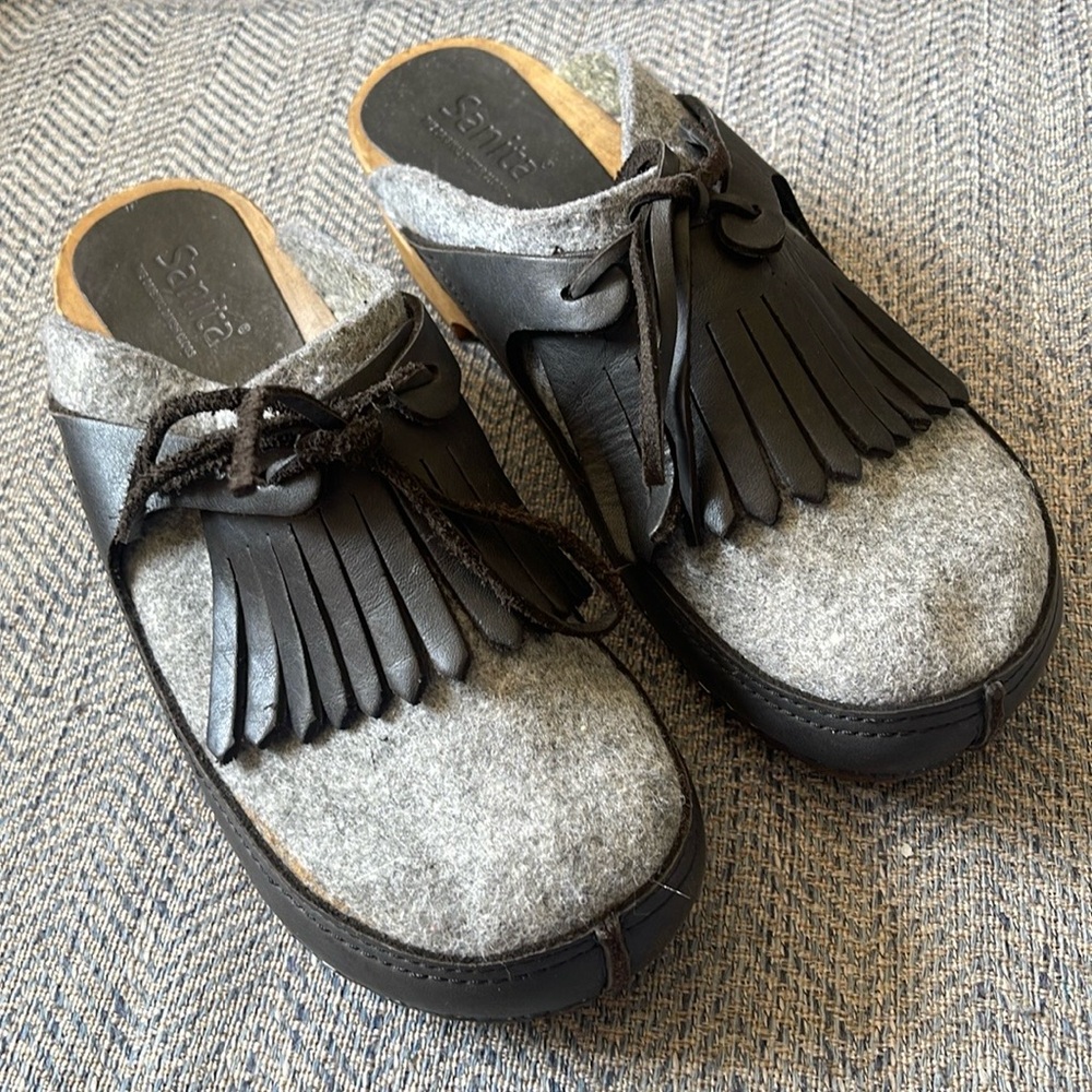 Sanita Black and Gray Mules with Fringe Detail